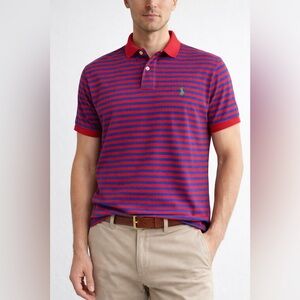 Polo Ralph Lauren Custom Fit Red Blue Striped Polo Shirt Green Pony Preppy Golf